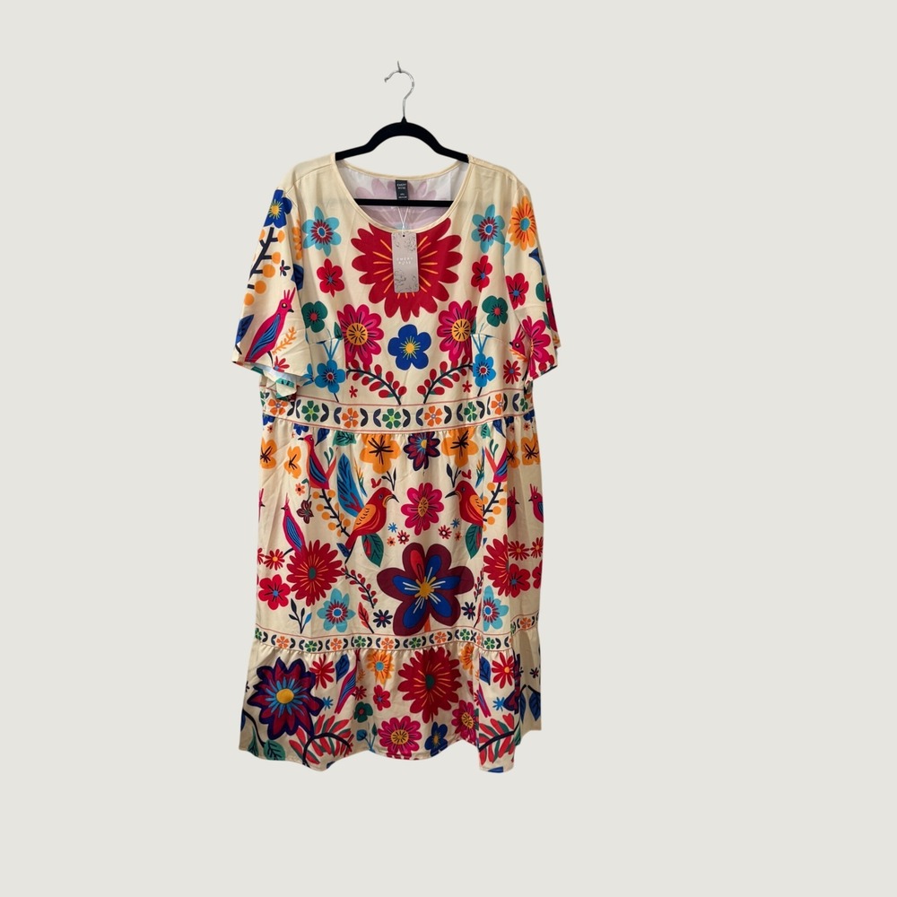 Emery Rose Floral Bird Print Midi Dress Cream 4XL Boho Cottagecore Folk Art